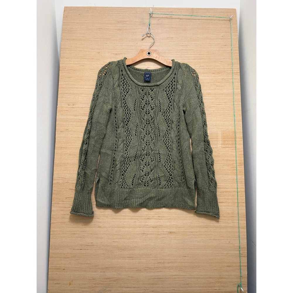 GAP Womens XS Olive Green Pointelle‎ Cable Knit Crew Neck Long Sleeve Sweater